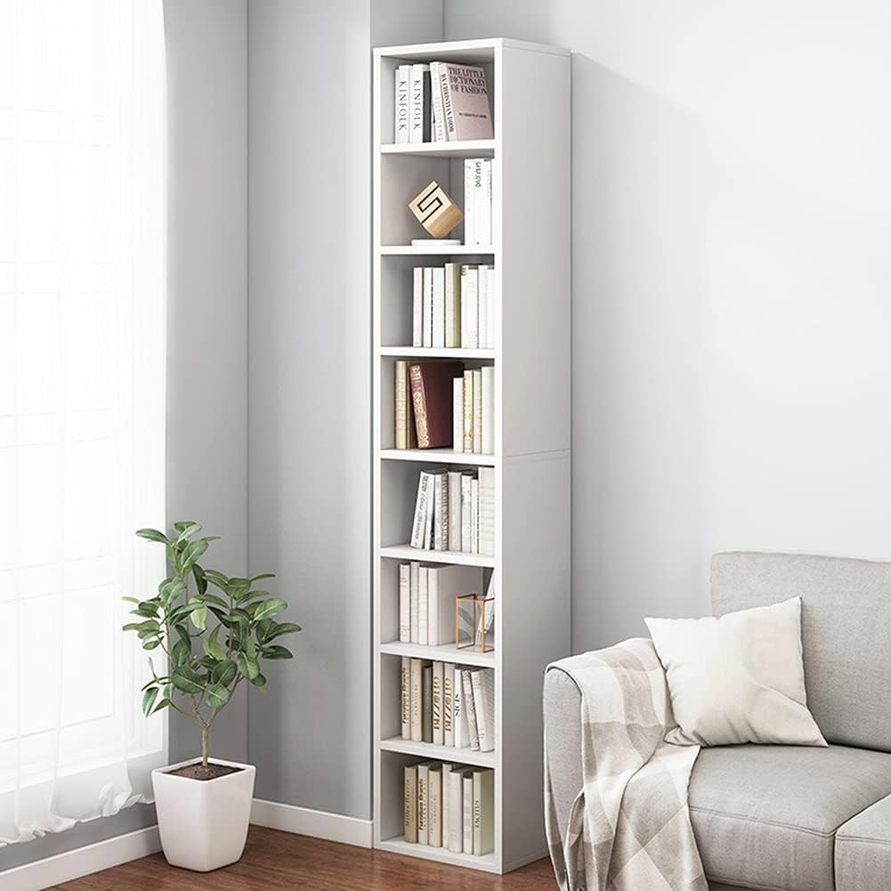 IOTXY Small Narrow Corner Bookcase - 71 Inches Tall Gap Freestanding Storage Cabinet, 8 Lattices Open Shelves Tower Rack, Cubes Bookshelf in White