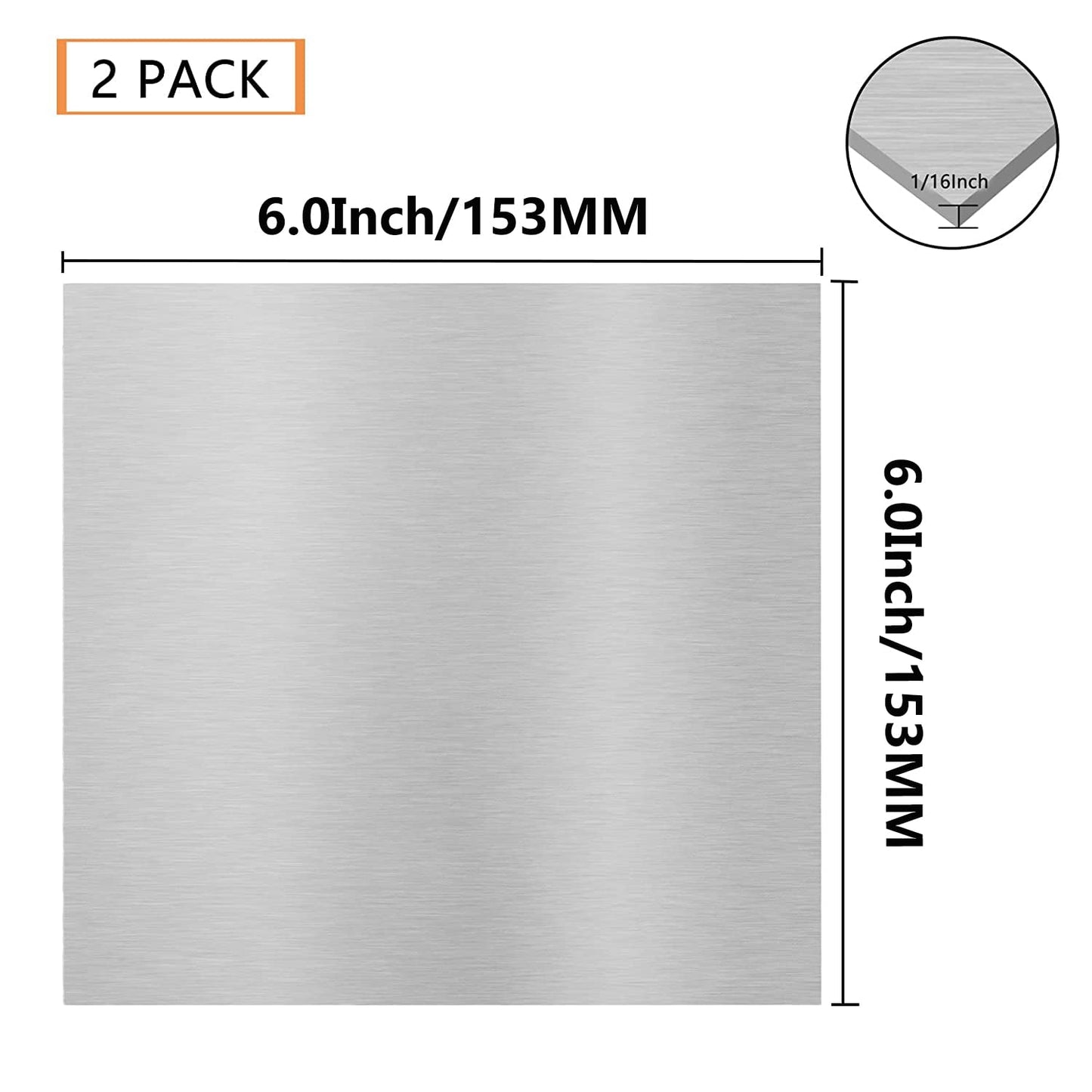 2Pack 6061 T651 Aluminum Sheet Metal 6 x 6 x 1/16 (0.06”) Inch Flat Plain Aluminum Plate Covered with Protective Film, Heat Treatable Rectangle Aluminum Metal Plate for Crafting, DIY, 1.5mm Thick