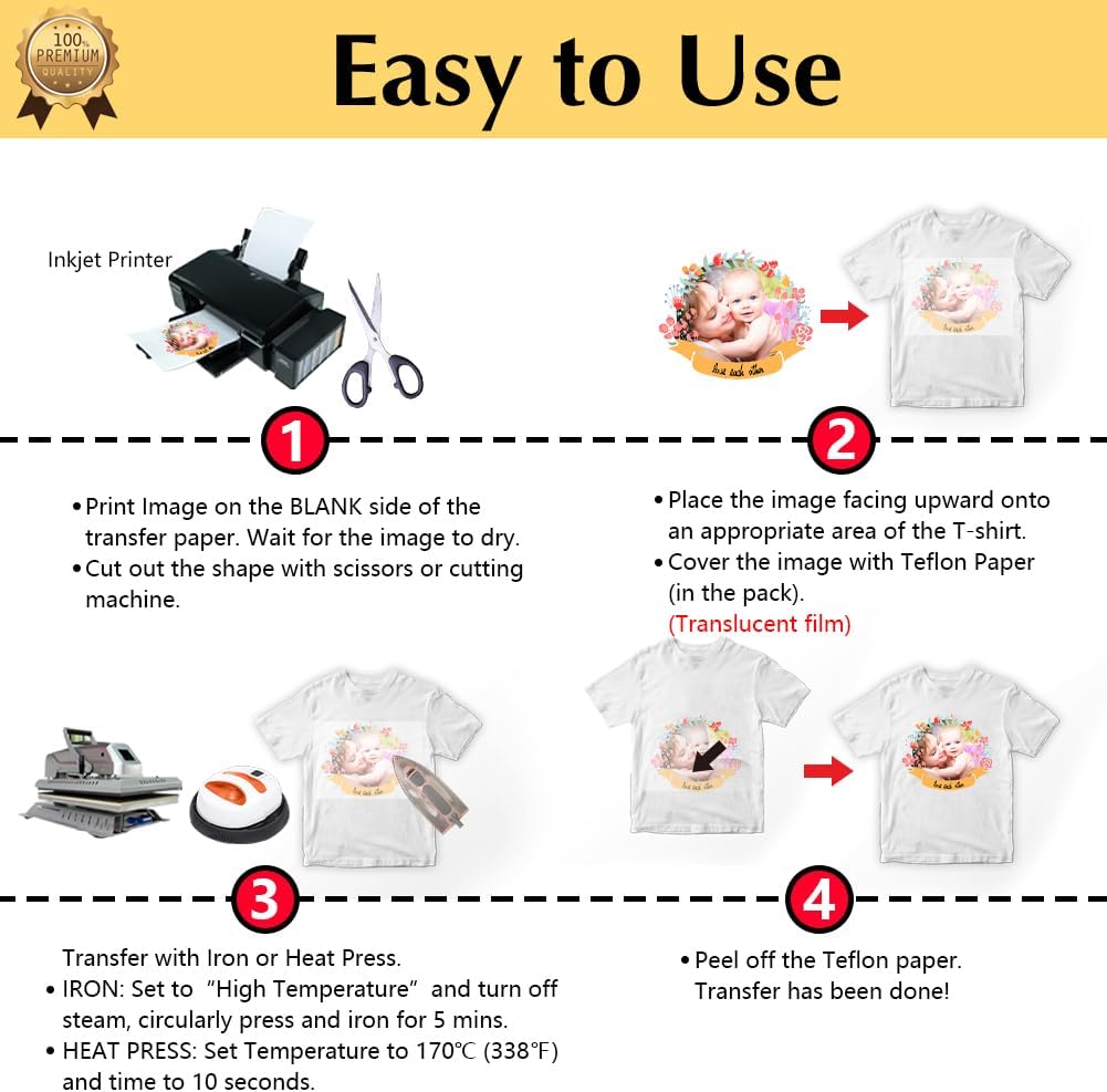 TransOurDream Upgraded Iron on Heat Transfer Paper for T Shirts (30 Sheets, 8.5x11") Iron on Transfers for Light Fabric Printable Heat Transfer Vinyl for Inkjet Printer (L2-30)