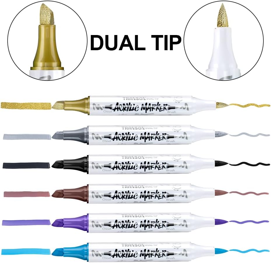TRANSON 24 Colors Chisel and Brush Dual-tip Acrylic Paint Marker Pen Set for Canvas Rock Wood Leather Ceramic DIY Painting