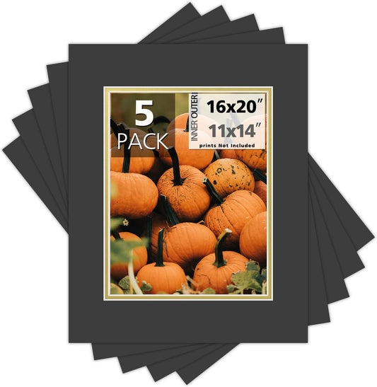 Mat Board Center, Double Mat - Acid Free, 8-ply Thickness, White Core - for Pictures, Photos, Framing (Black Over Gold, 16x20 for 11x14, Pack of 5)