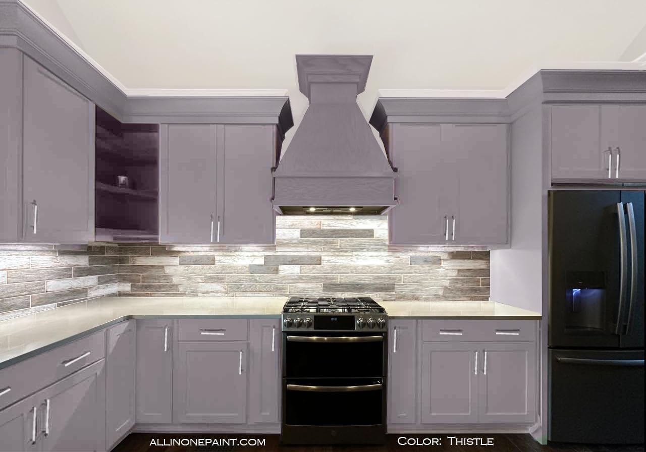 ALL-IN-ONE Paint, Durable cabinet and furniture paint. Built in primer and top coat, no sanding needed. Includes our 30 featured color card - Thistle (gray purple), Gallon