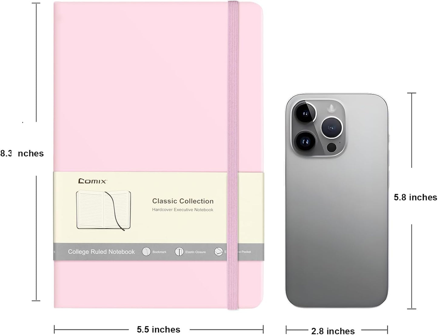 Comix Lined Journal Notebook for Women Men, Journaling Notebooks for Office School Home, Pink, 240 Pages, 5.5" x 8.3", College Ruled, A5, Hardcover