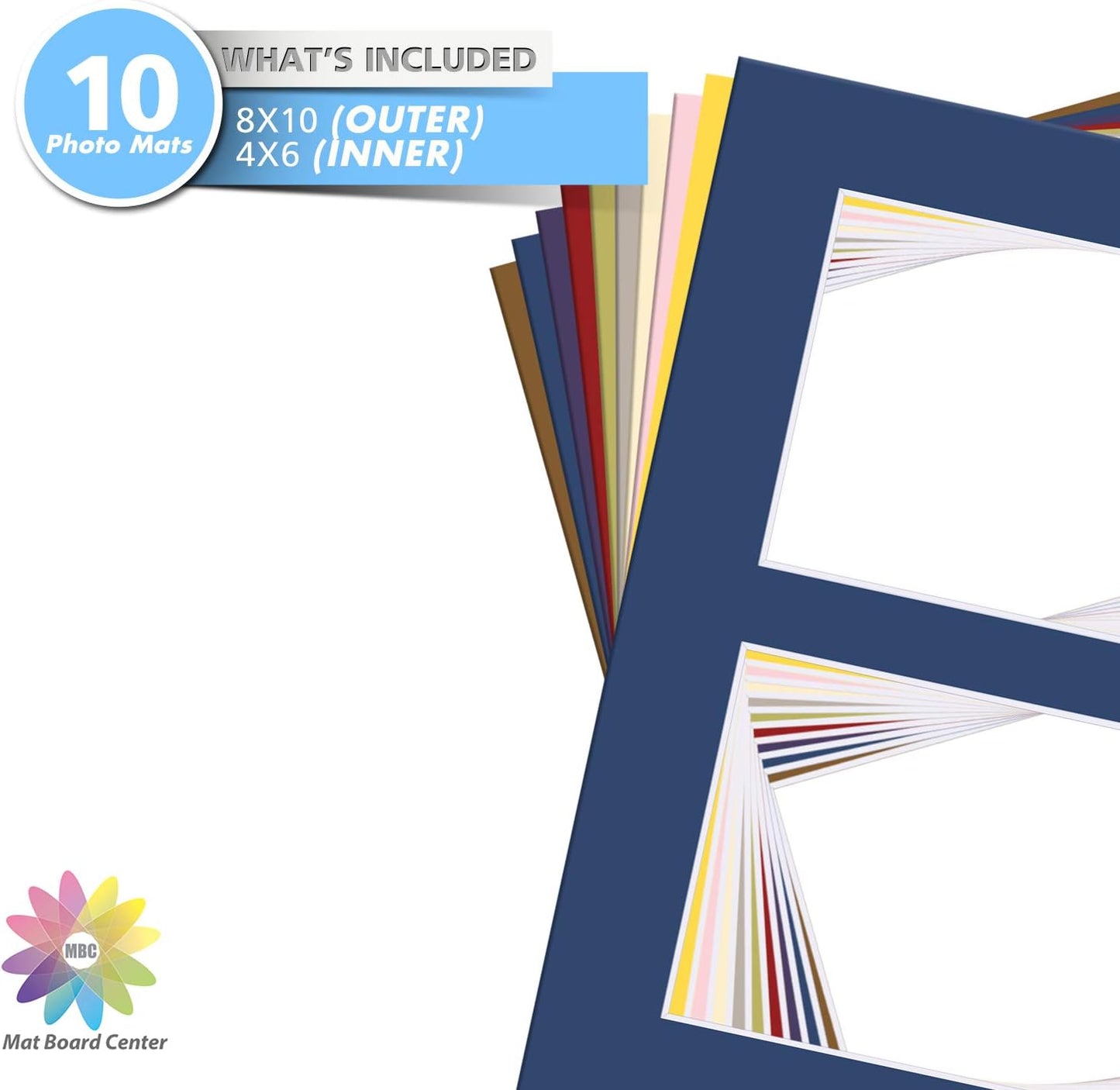 Mat Board Center, Pack of 10, Photo Picture Mats - Acid Free, 4-ply Thickness, White Core - for Pictures, Photos, Framing (8x10 for 2-4x6 Mixed Color)