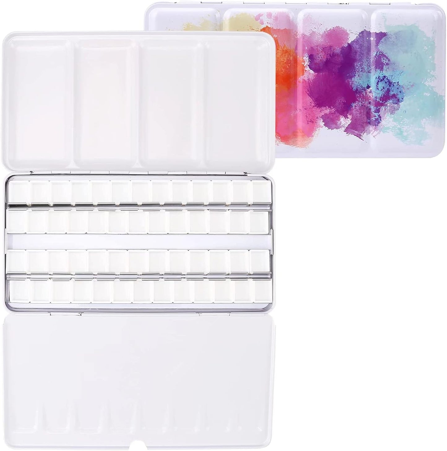 LOONENG Empty Watercolor Palette, Empty Watercolor Tin with Fold Out Palette, Large Colorful Watercolor Tray Palette with 52 Empty Half Pans for Plein Air Painting and Sketching