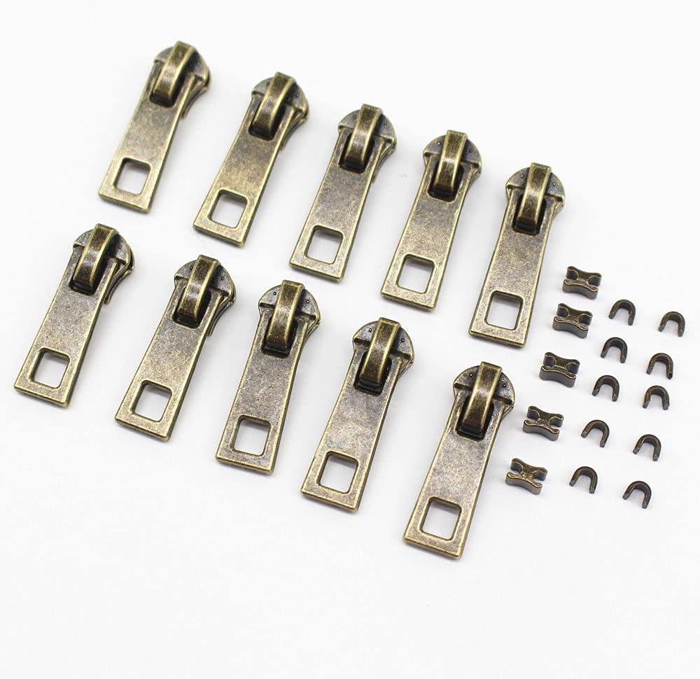 Meillia #3 Upholstery Zipper Tape by The Yard Black Metal Zippers 5 Yards with 10pcs Antique Brass Pulls for Sewing Tailor Crafts (Anti-Brass 5 Yards)