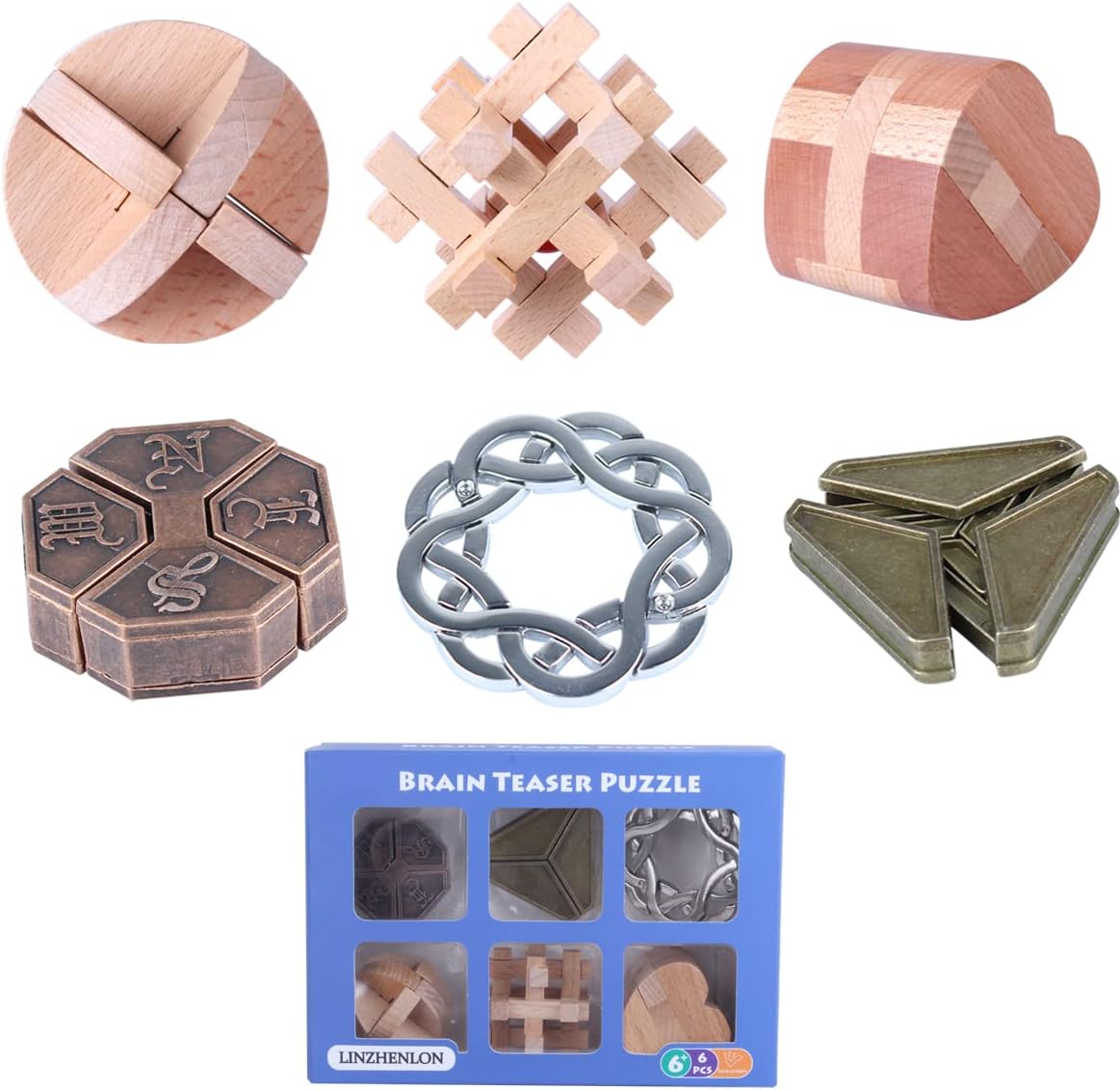 Brain Teaser Puzzle for Adults Puzzles Metal Hole Lock Adult Educational Toy Jigsaw IQ Puzzle（6 Pack） (Bronze)