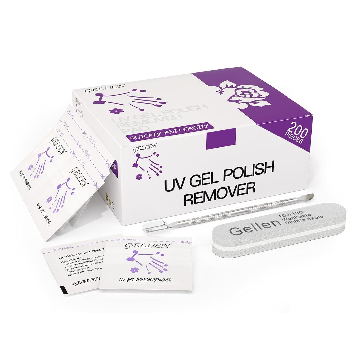 GELLEN Acetone Nail Polish Remover Pads, Professional Gel Polish Remover Pads, 200 Pack Travel Bulk Set with Tools, Individually Wrapped Quick & Effective Soak Off Remover for Salon Home