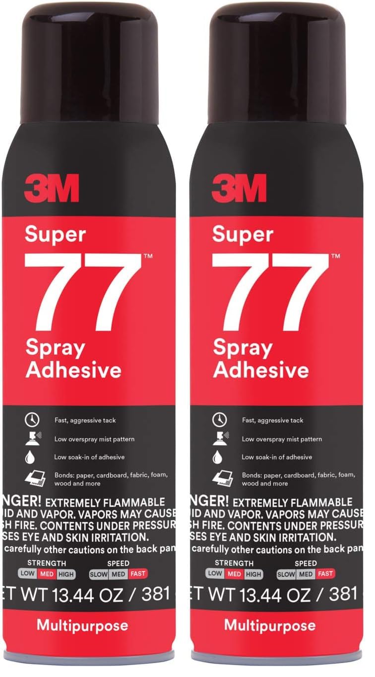 3M Super 77 Multipurpose Permanent Spray Adhesive Glue, Paper, Cardboard, Fabric, Plastic, Metal, Wood, Net Wt 13.44 oz (Pack of 2)