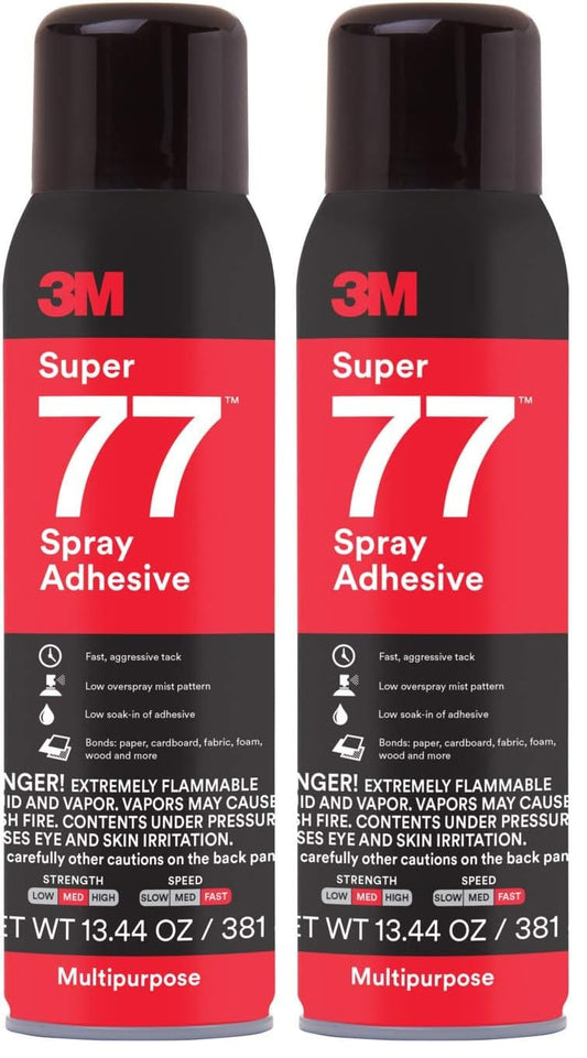 3M Super 77 Multipurpose Permanent Spray Adhesive Glue, Paper, Cardboard, Fabric, Plastic, Metal, Wood, Net Wt 13.44 oz (Pack of 2)