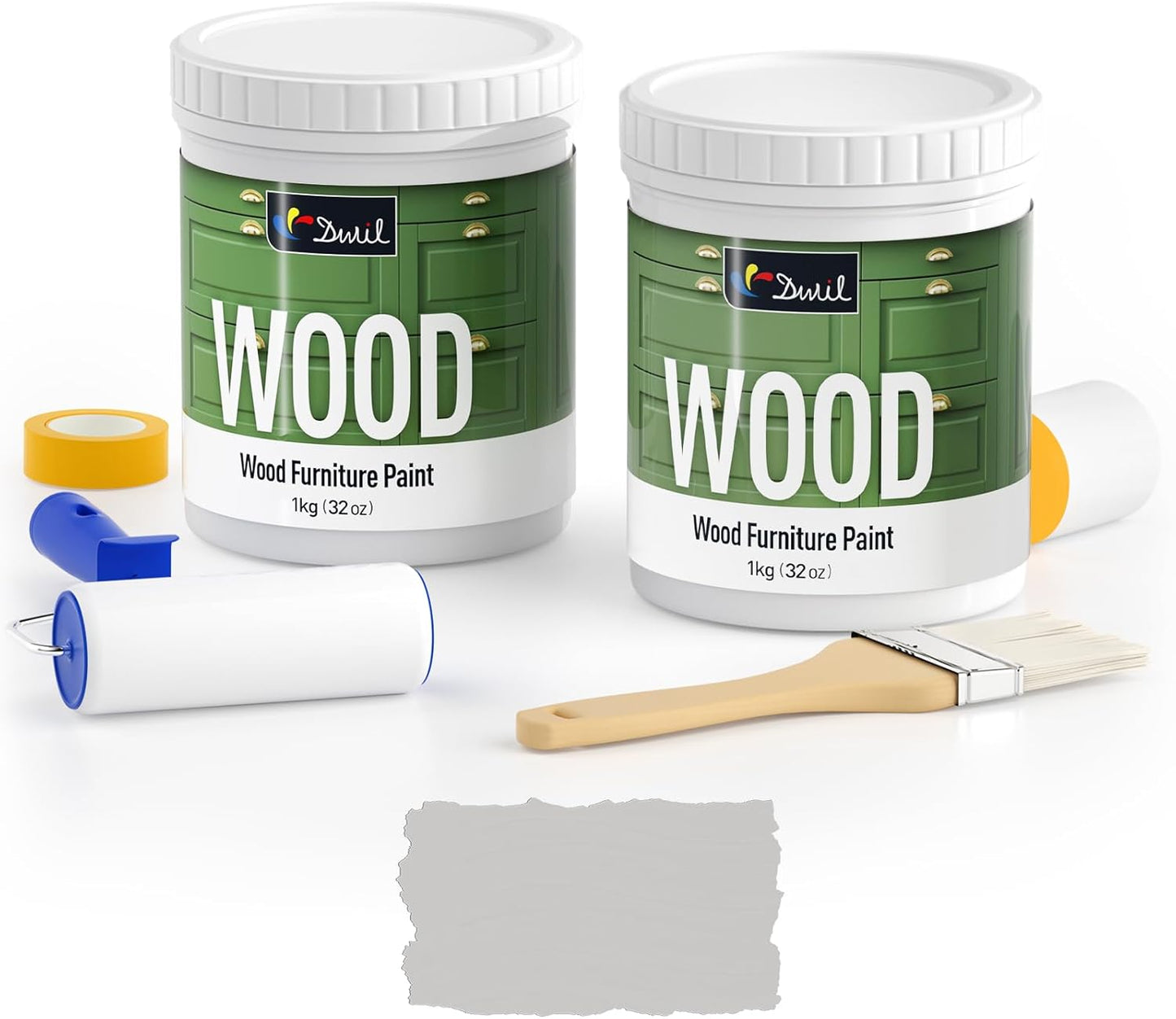 DWIL Matte Finish Furniture Paint - 64 Oz Wood Paint for Cabinets, Doors, Tables, and Dressers Refinishing - Water-Based, Non-Toxic & Odorless, Easy to Apply(Light Grey)-With Tools