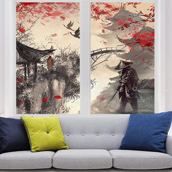 Vintage Japanese Samurai Air Window Film Watercolor Ink Ancient Cherry Blossom Red Sunblackout Window Film,Playroom Window Film 23.6Wx35.4L-Inch X2Pcs