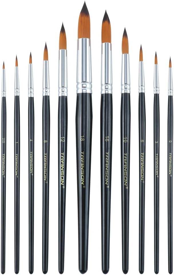 Transon 11pcs Round Paint Brush Basic Set for Watercolor, Acrylic, Gouache, Ink, and Tempera Painting