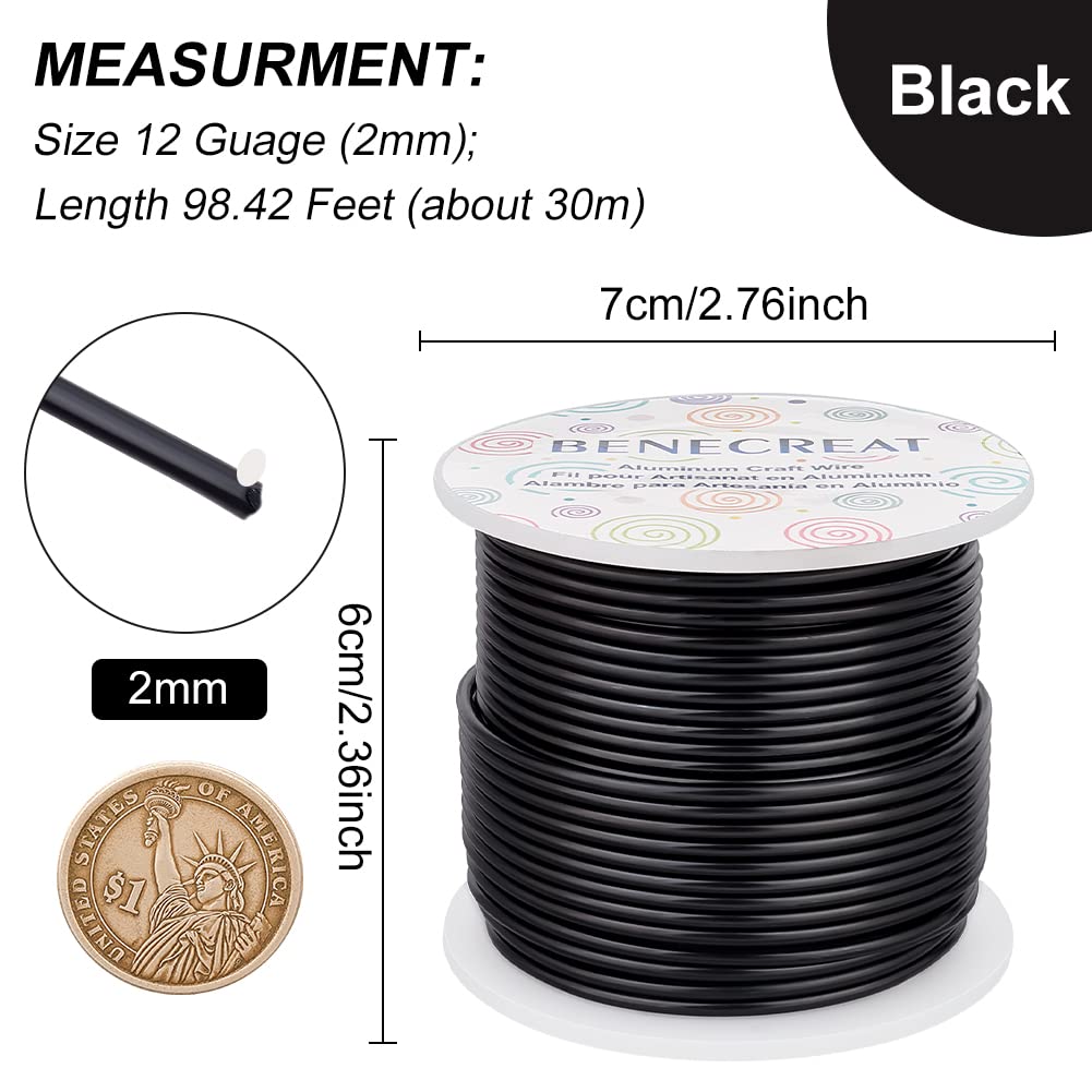 BENECREAT 12 17 18 Gauge Aluminum Craft Wire (12 Gauge,100FT) Anodized Jewelry Making Beading Floral Black Aluminum Craft Wire for Plant Gardening, Sculpting Model Making
