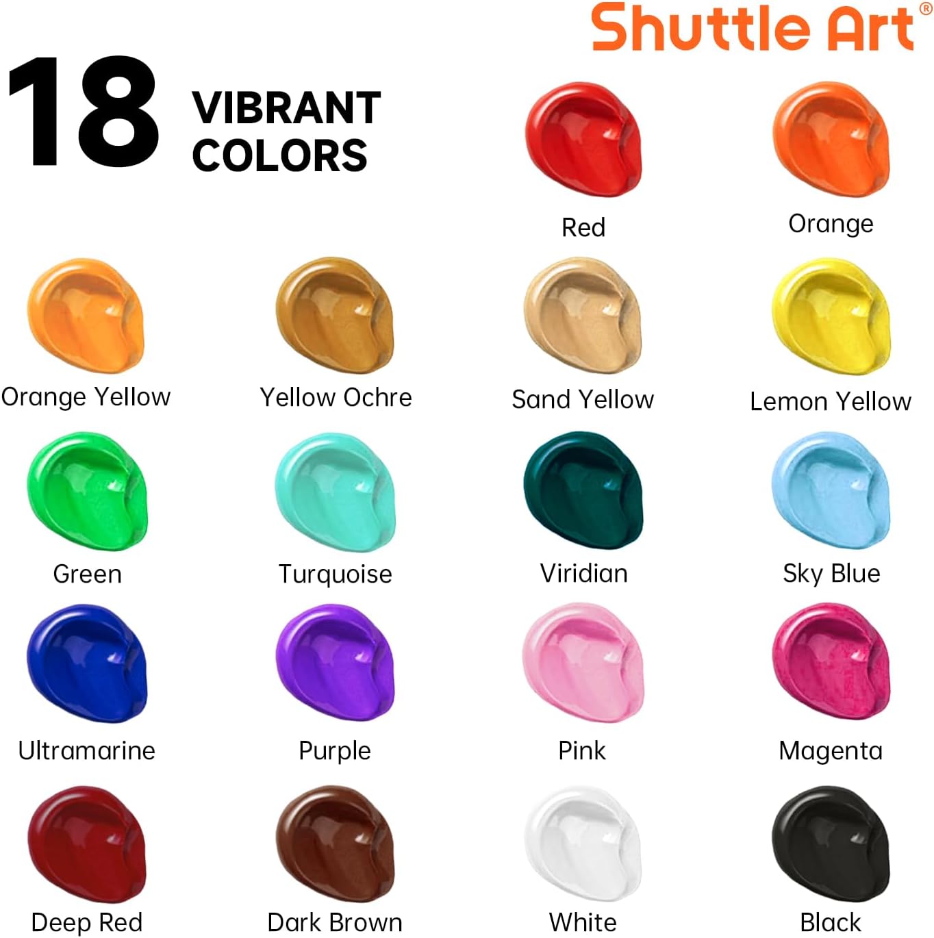 Shuttle Art 18 Colors Acrylic Paint Bottle Set (250ml/8.45oz), Rich Pigmented Bulk Painting Supplies for Artists, Beginners and Kids on Rocks Crafts Canvas Wood Ceramic