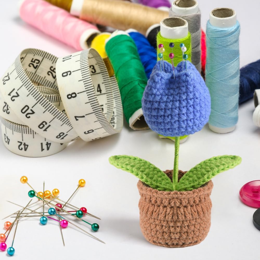 Tulip Pin Cushion, Handmade Knitted Pincushions, Cute Pin Cushions Needle Holders for Sewing Quilting Accessory, DIY Crafts or Patchwork Decor.Flowerpot Design Blue Tulip