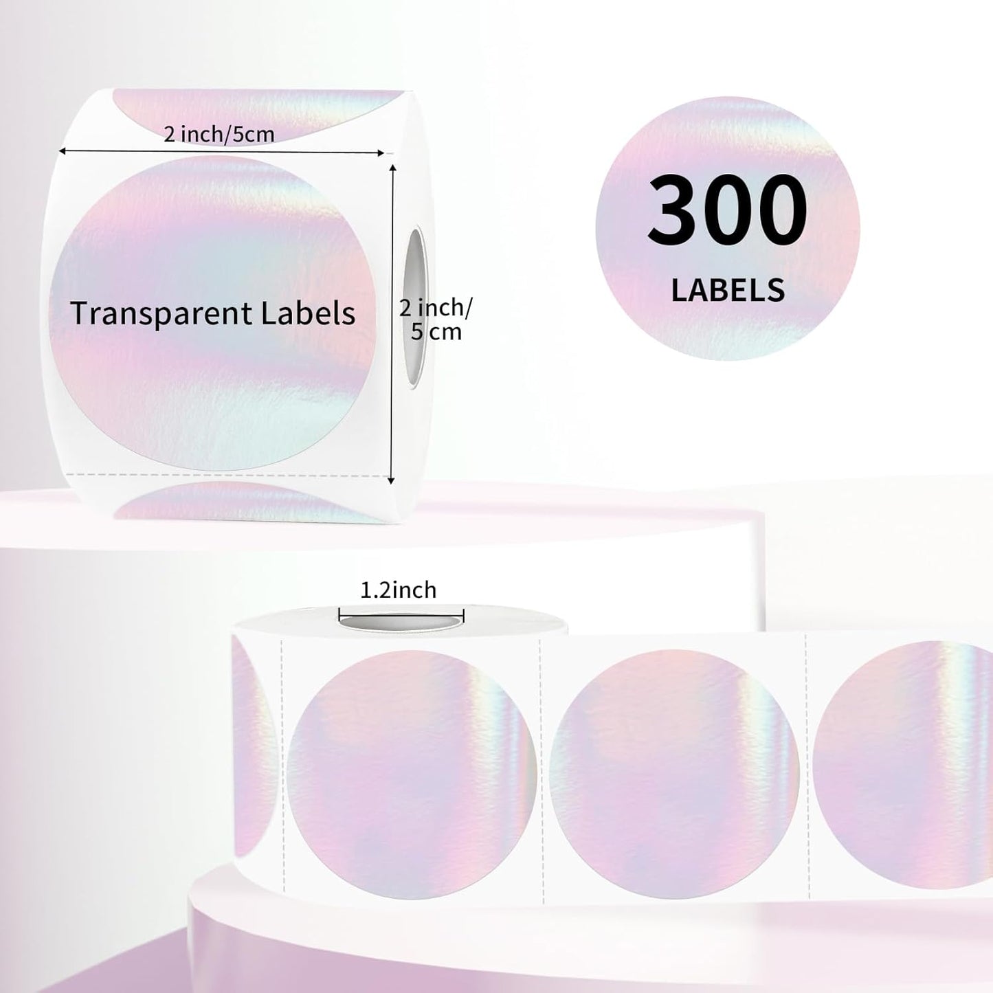 2" Round Transparent Thermal Label Stickers, Clear Direct Thermal Labels Holographic Pink, Perforation Line Design- 300 Sheets