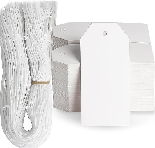 200PCS Paper Gift Tags with String, 3.7"x1.8"Blank Hangtags for DIY Arts and Crafts Wedding Holiday Present (White)
