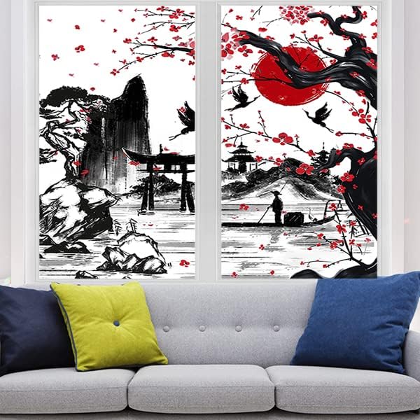 Vintage Japanese Style Decorative Window Film Abstract Ink Japanese Landscape Torii Gatekids Blackout Window Film,Cafe Lighted Window Film 23.6Wx78.7L-Inch X2Pcs