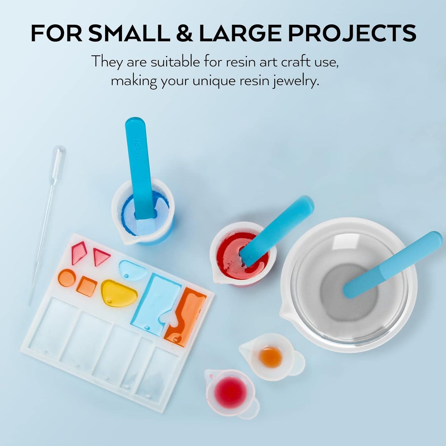 Large Silicone Resin Measuring Cups Tool Kit - Nicpro Reusable 600ml & 100ml Measure Cup, Silicone Stir Sticks Pipettes Finger Cots for Epoxy Resin Mixing, Molds, Jewelry Making, Waxing, Easy Clean