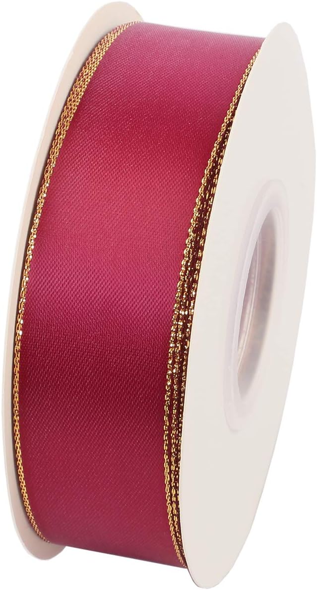 ITIsparkle 1" Inch Double Faced Satin Ribbon 25 Yards with Gold Edges, 1" X 25Yd - Wine