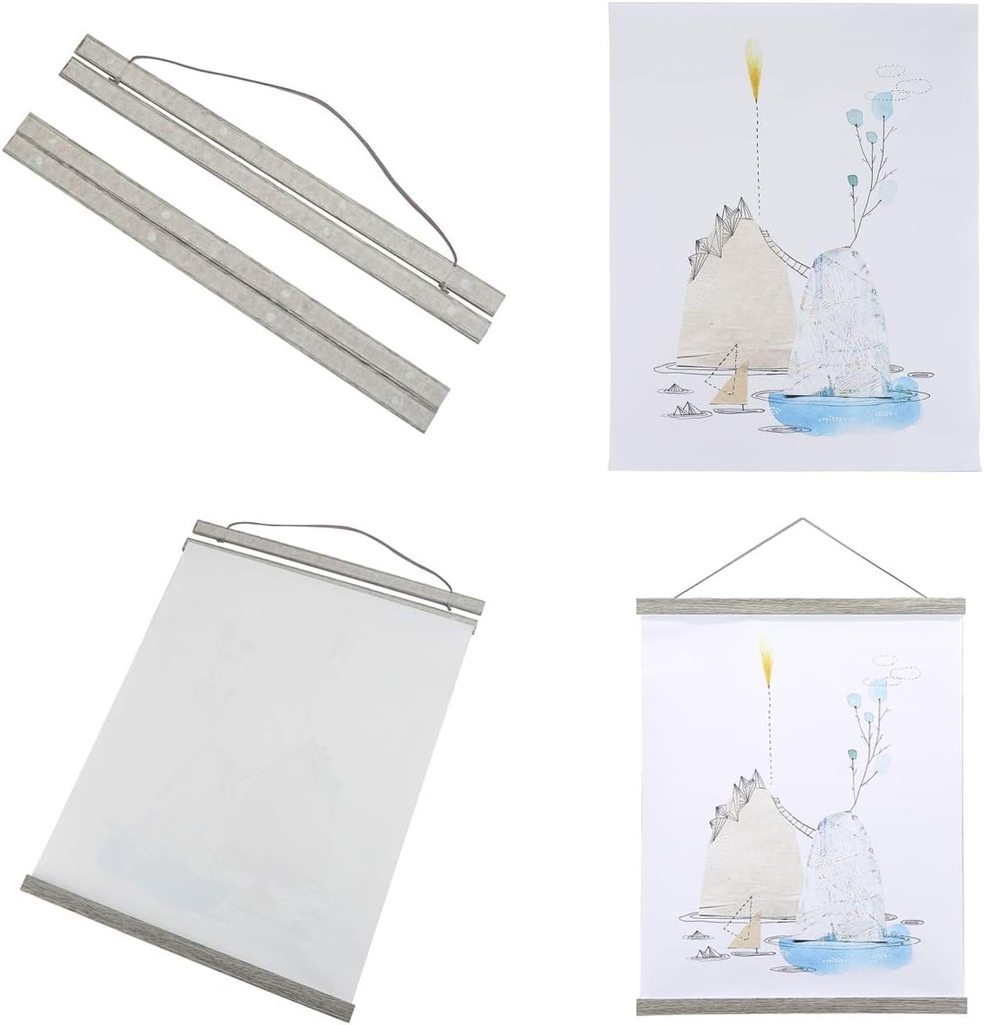 Ywlake Magnetic Poster Hanger, 9x12 9x14 9x17 Poster Frame Wood Wooden Magnet Print Posters Dowel Scroll Hanger Hangers Hanging Kit for Walls Map Canvas Artwork (Grey, 9")
