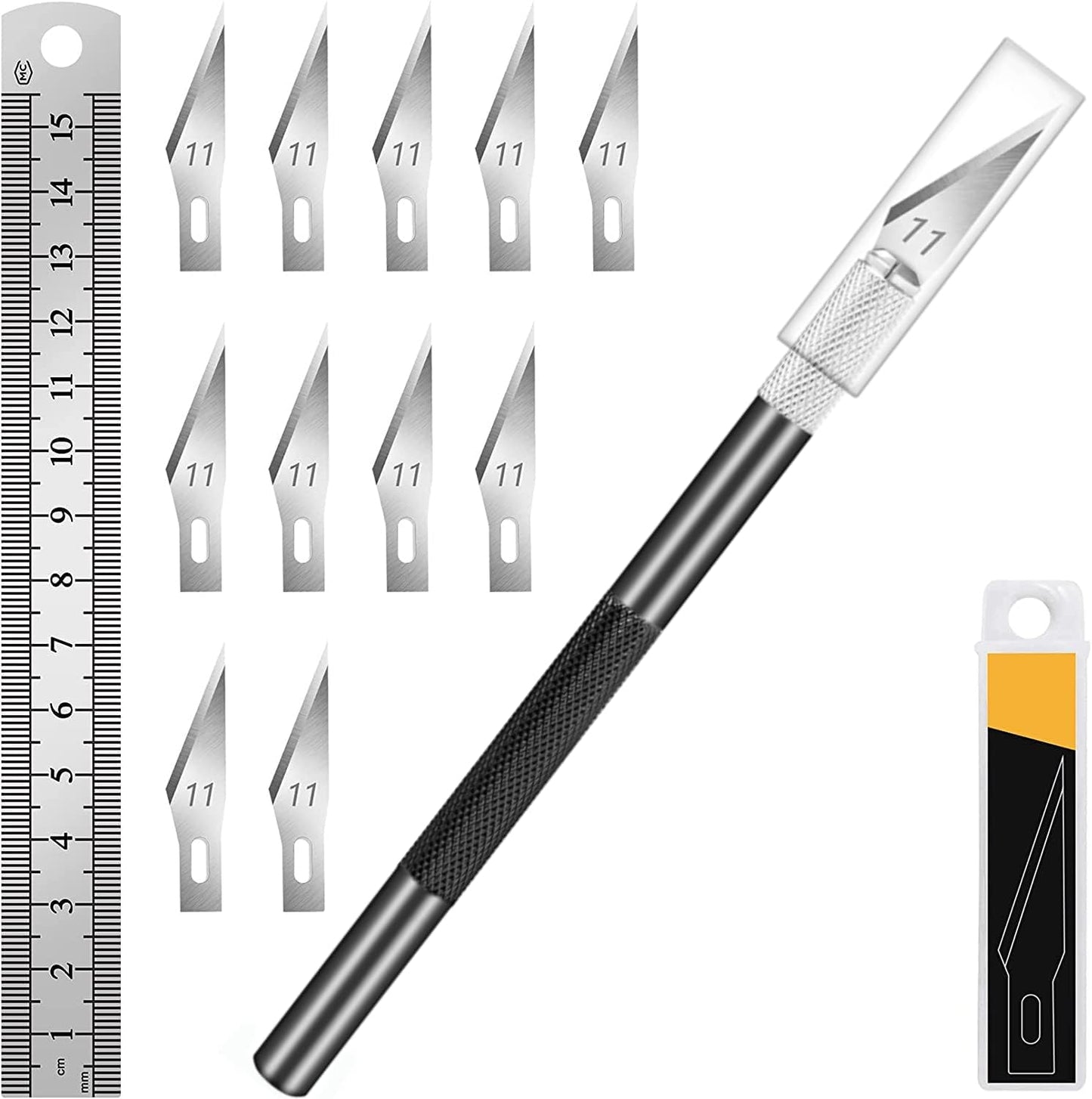 DIYSELF 1 Pcs Exacto Knife with 11 Pcs SK5 High Carbon Steel Exacto Blades Kit, Precision Craft Hobby Knife, 1pcs Steel 15cm Ruler for Art, Scrapbooking, Stencil (Black)