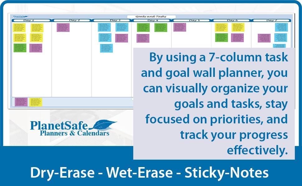 Sky Blue 7-Column Task, Goals & Objective Wall Horizontal Organizer 36" x 75". Complete with Marker