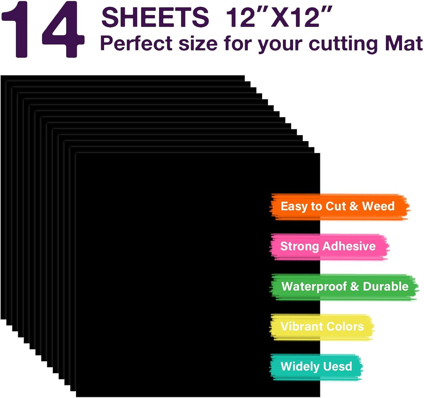 HTVRONT Permanent Vinyl, 14 Pack Matte Black Vinyl for Cutting Machine- 12 ” x 12 ” Black Permanent Adhesive Vinyl Sheets for Craft Projects