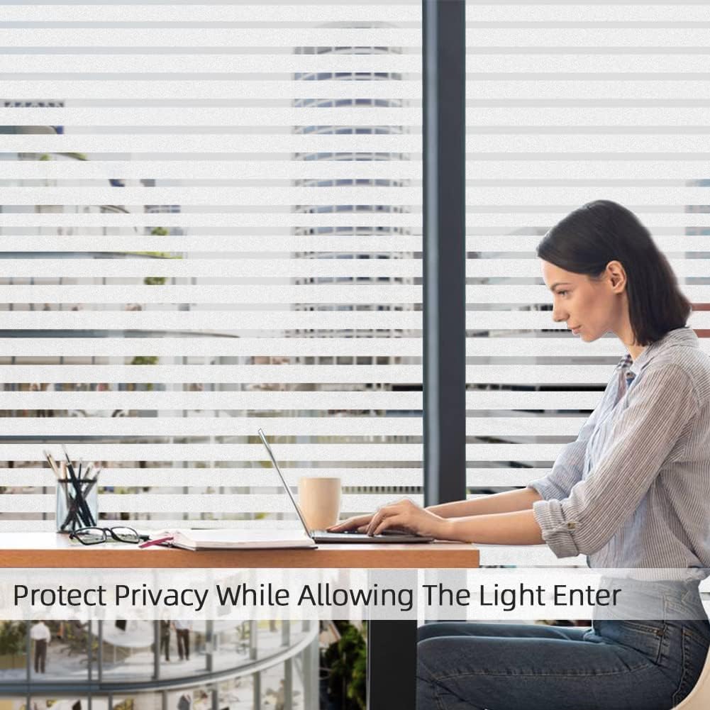 Qualsen Privacy Window Film, Frosted Windows Privacy Film, Frosting Cling for Glass, Anti-UV Reeded Blinds Sticker for Home Office Meeting Room, Stripe Patterns, 11.8x47inch