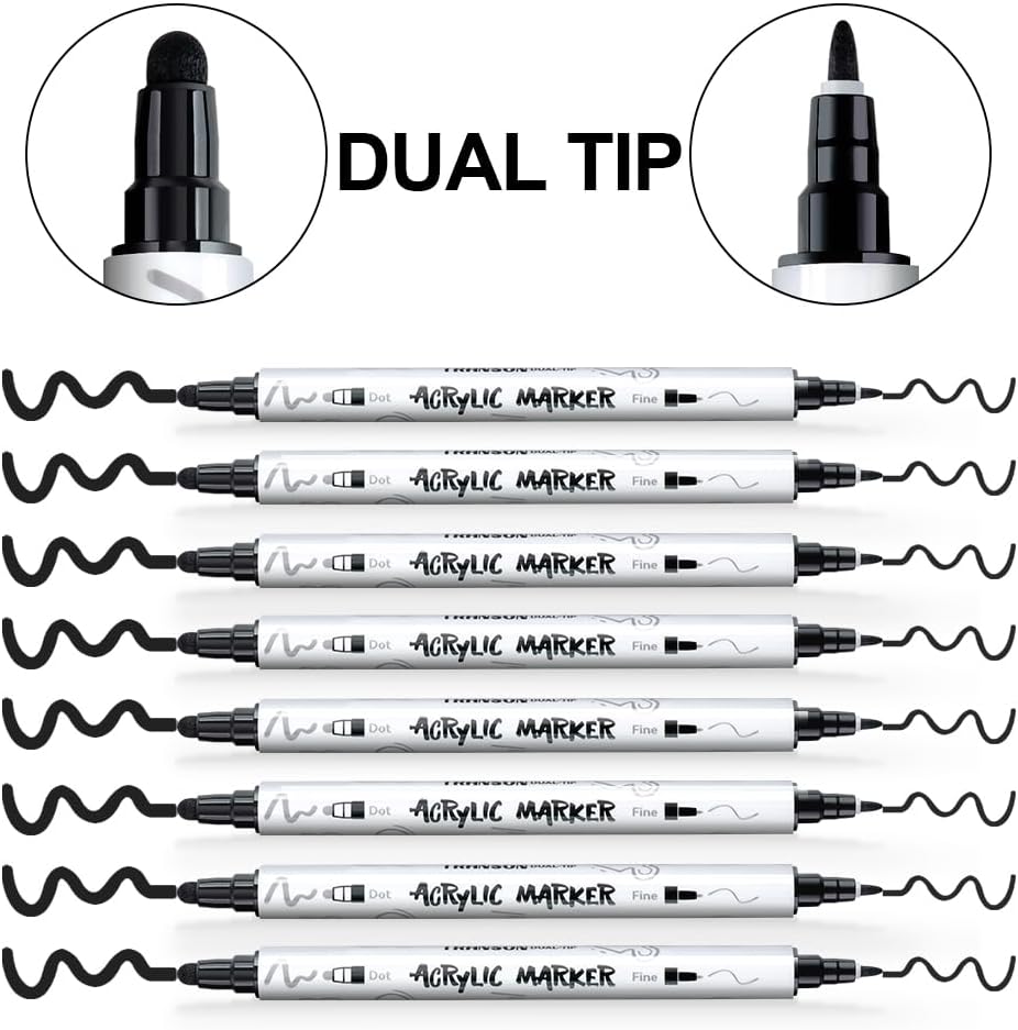 TRANSON 8 Pack Black Bold and Fine Dual-tip Acrylic Paint Marker for DIY Glass Canvas Wood Leather Ceramic Rock Painting