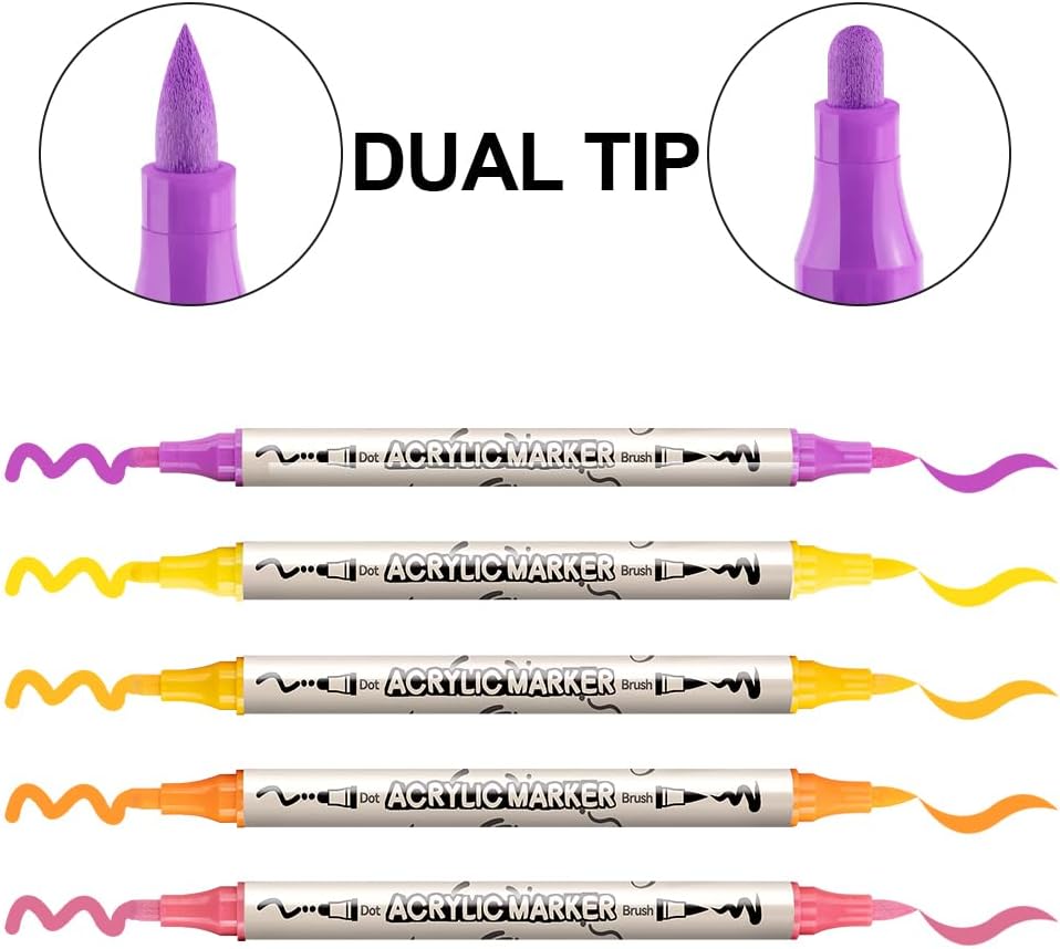 TRANSON 24 Colors Bold and Brush Dual-tip Acrylic Paint Marker Pen for Canvas Rock Wood Leather Ceramic DIY Painting