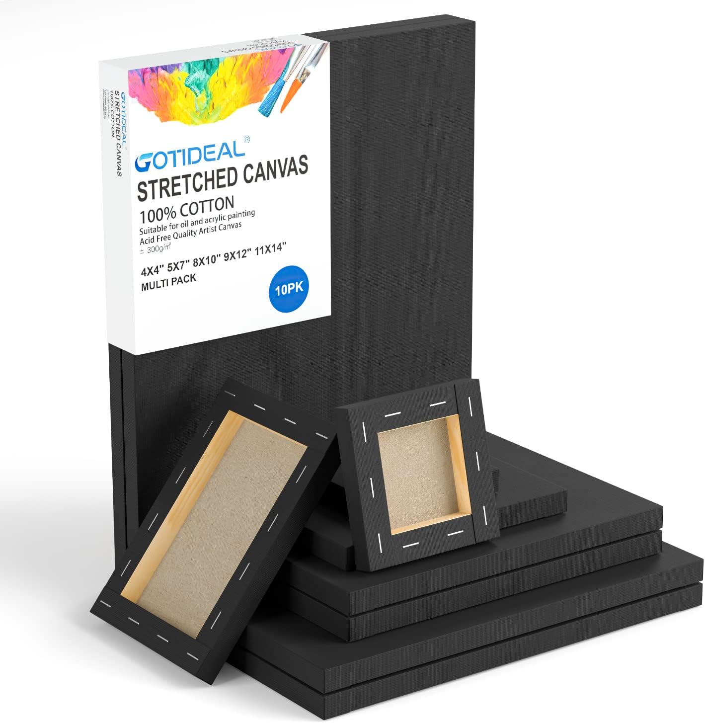 GOTIDEAL 10Pcs Black Stretched Canvases for Painting, Multi Pack 4x4", 5x7", 8x10",9x12", 11x14" Set of 10, Primed 100% Cotton Artist Blank Canvas Boards for Painting, Acrylic Pouring, Oil Paint Art