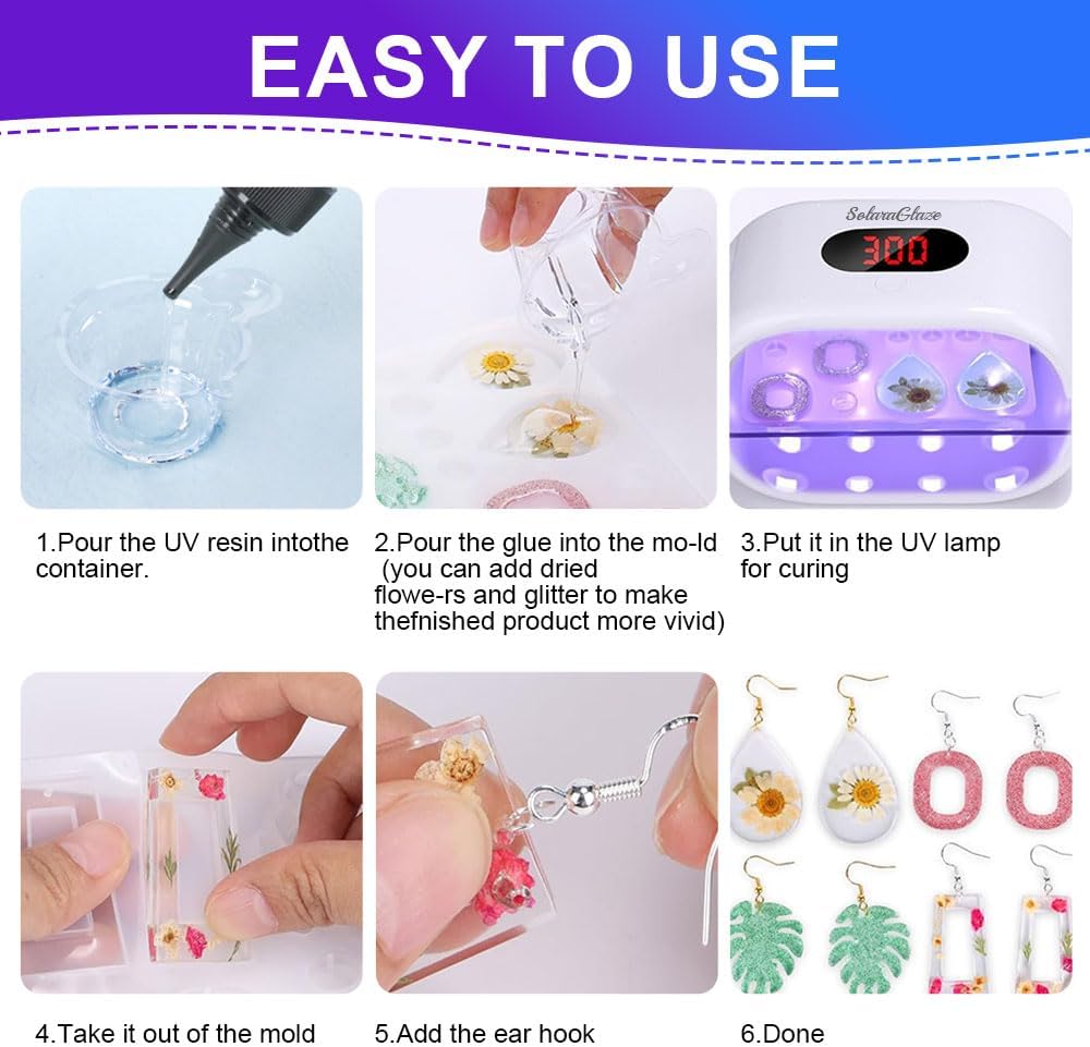SolaraGlaze UV Resin Kit with Light 240g Hard Type Clear UV Resin Jewelry Making Kit Two-Sided Light and Molds DIY Jewelry Making Supplies for Keychain and Earring