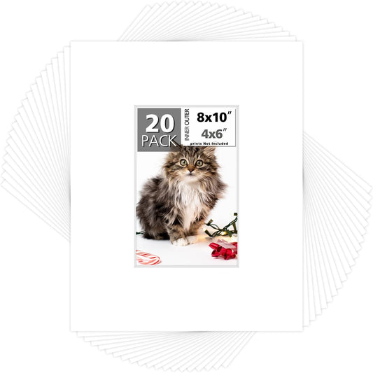 Mat Board Center, Pack of 20, 8x10 for 4x6 White Photo Picture Mats - Acid Free, 4-ply Thickness, White Core - for Pictures, Photos, Framing