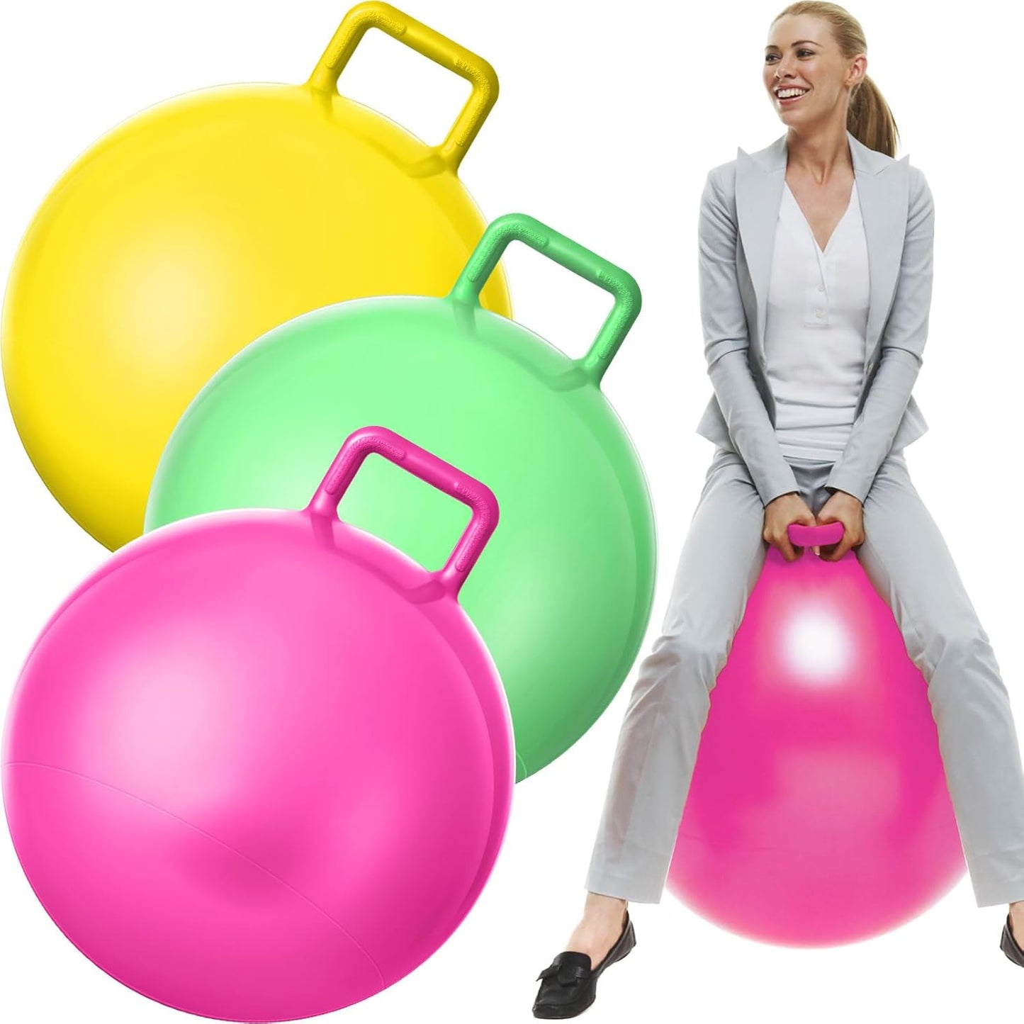 Lewtemi 3 Pcs 29 Inch Bouncing Ball with Handle, Outdoors Hopper Jumping Hopping Ball and Air Pump for Sports Exercise (Yellow, Light Green, Pink)