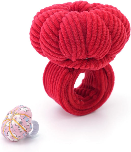 Wrist Pin Cushions, Sewing Needle Cushion kit with 1Pcs Elastic Strap Finger Ring Pincushions, Adjustable Strap Handcraft Needles Holder for Sewing and Quilting.(Red)