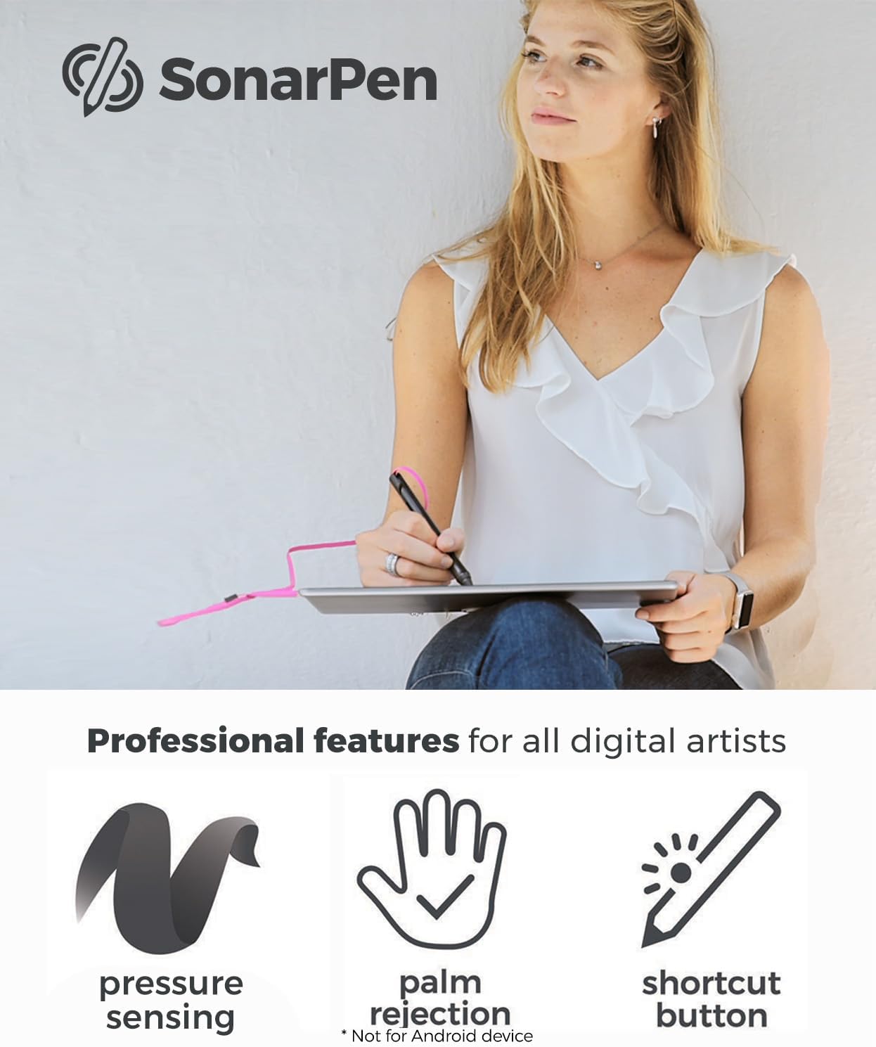 SonarPen - Pressure Sensitive Smart Stylus Pen with Palm Rejection and Shortcut Button. Battery-Less. Compatible with Apple iPad/iPhone/Android/Switch (Neon-Green)