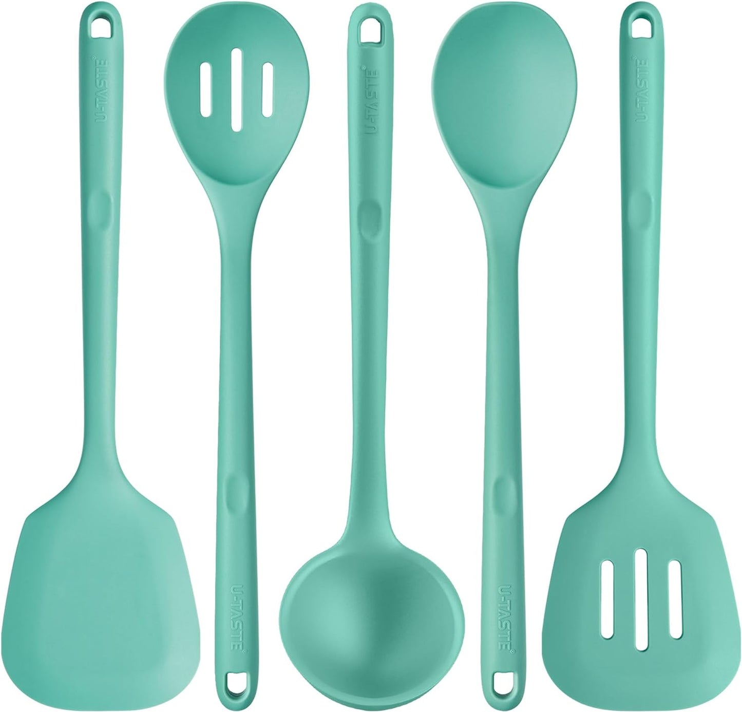 600ºF Heat Resistant Kitchen Utensil: U-Taste 13.6" Extra Long Silicone Cooking Tools Set, Food-Grade Non-Stick Solid and Slotted Turner Spatula, Mixing Spoon, and Soup Ladle (5 Pieces, Aqua Sky)