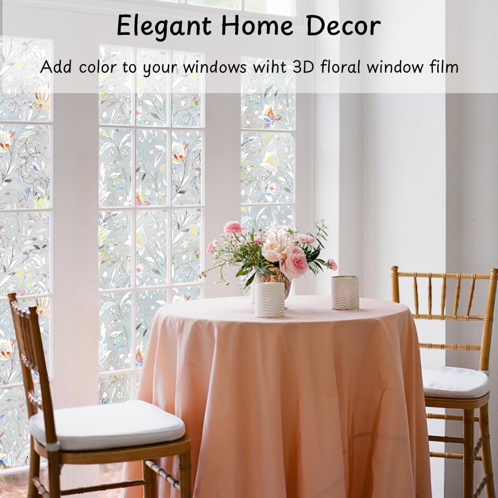 NINETREX Window Privacy Film,3D Stained Glass Window Film,Decorative Window Covering Sun Blocking Vinyl Static Cling Anti-UV Heat Control for Home Decor,Tulip 17.5 x 118.1inch