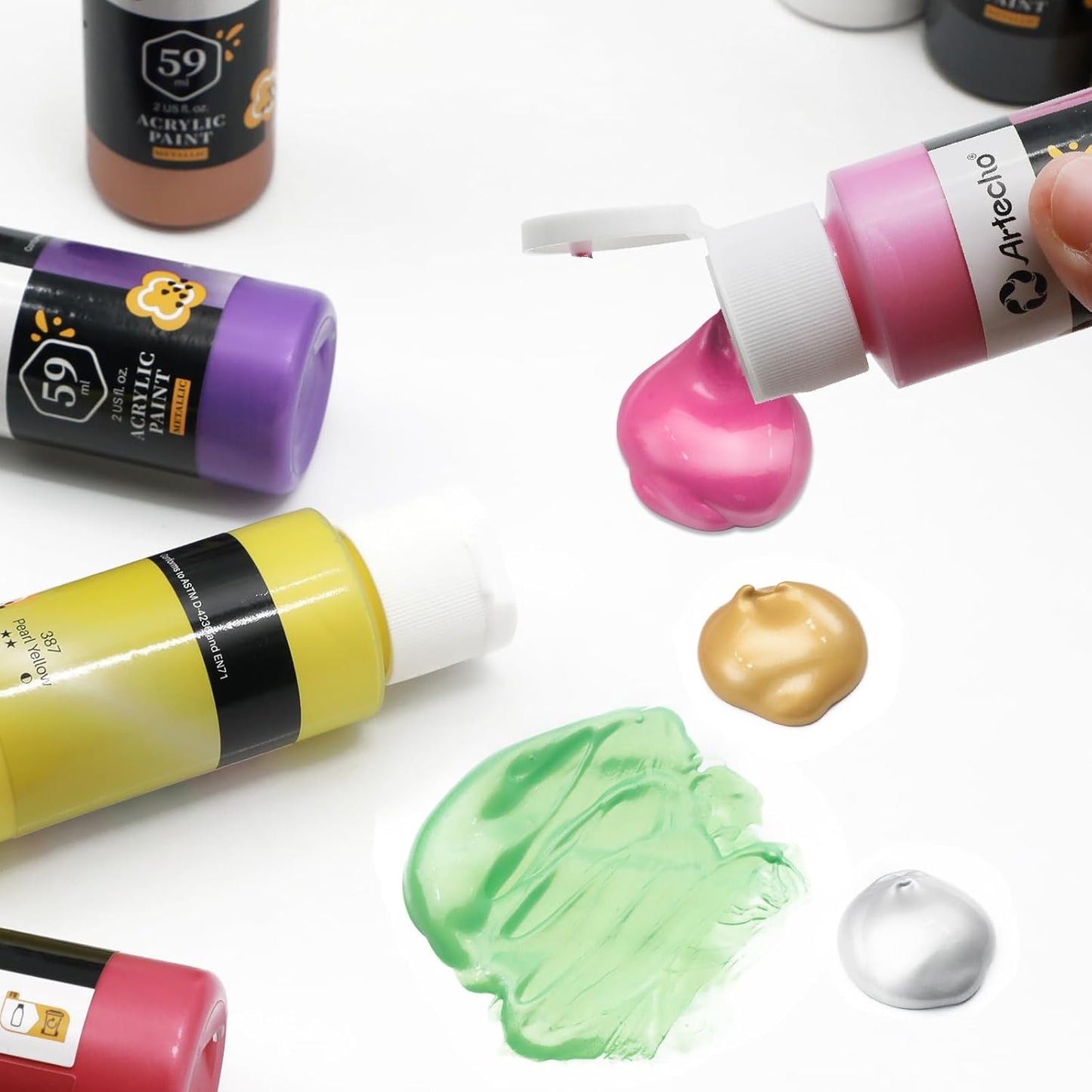 Artecho Acrylic Paint Set, 12 Metallic Colors Bottles (59ml / 2oz) Art Craft Paints for Canvas, Rock, Stone, Wood, Fabric, Art Supplies