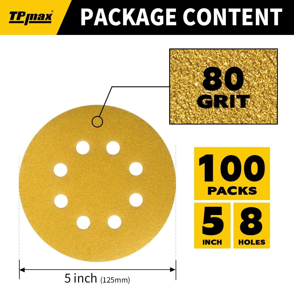 100PCS 5 Inch 80 Grit 125mm 8 Hole Sanding Discs Sandpaper - Premium Gold Round Hook and Loop for Random Orbital Sander - Ideal for Wood, Metal, Automotive