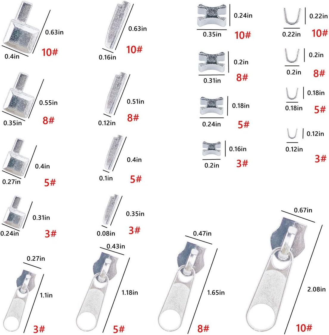 48 Pieces Metal Zipper Repair Accessories Set, Zipper Head Slider Retainer Box Insert Pin Top Bottom Stoppers for DIY Sewing Replacement Zipper Repair Kit 3# 5# 8# 10# (Platinum)