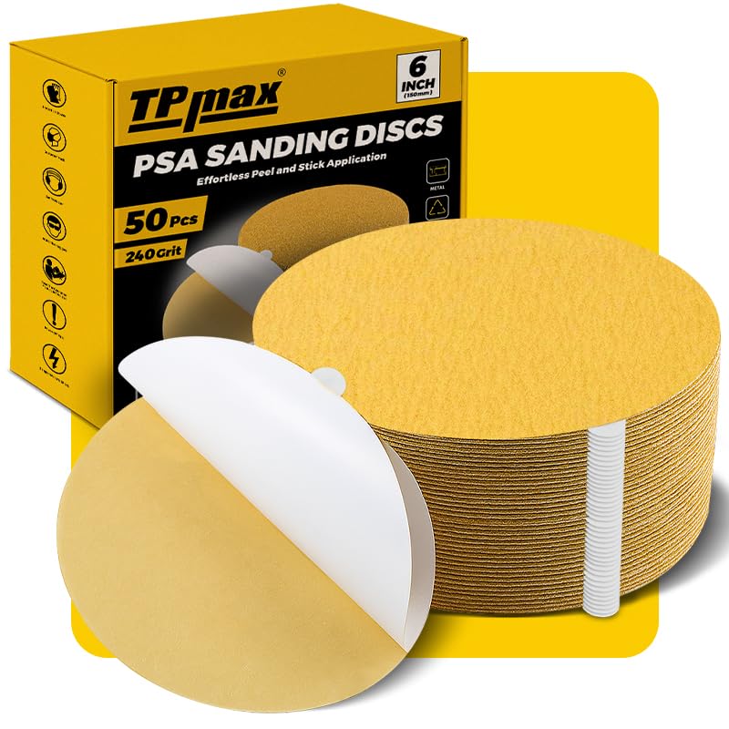 6-Inch 240-Grit Gold PSA Sanding Discs, 50 Pack – Pro-Grade Self-Adhesive Stickyback Sandpaper with Quick-Release Tabs for DA Sander, Very Fine Automotive/Wood/Metal Sanding