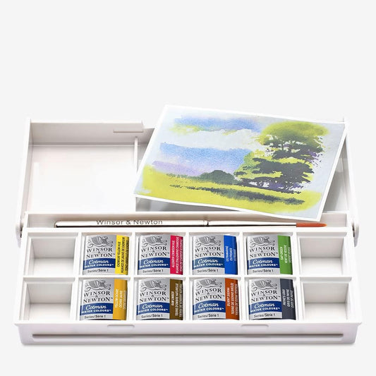 Winsor & Newton Cotman Watercolor Paint Set, 8 Half Pan, Landscape Colors w/ Brush