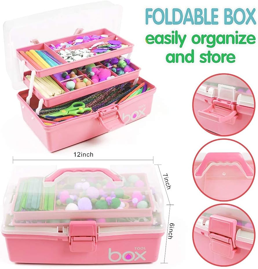 12in Three-Layer Multipurpose Storage Box Organizer Folding Tool Box/Art & Crafts Case/Sewing Supplies Organizer/Family First Aid organizer/Medicine Storage with 2 Trays (Pink)