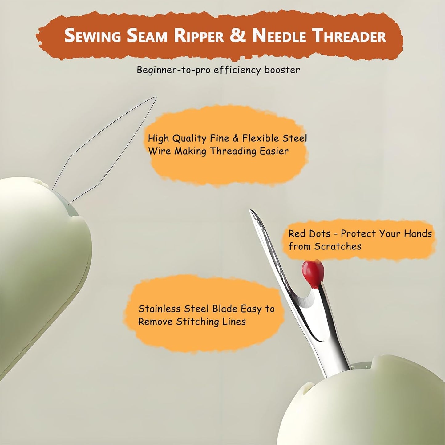 Automatic Needle Threader 3-in-1 Hand Sewing Kit with 2 Sewing Needles for Embroidery, Quilting, Denim & Clothing Repair (Yellow)