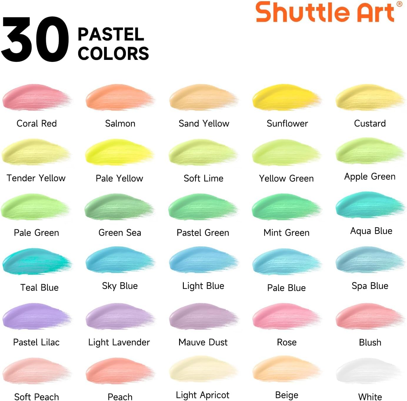 Shuttle Art 40 Pack Pastel Acrylic Paint Set, 30 Colors, 60ml/2oz Bottles, High Viscosity, Water-proof With 10 Paint Brushes for Painting &Crafting on Canvas, Rock, Ceramic, Fabric, Clay