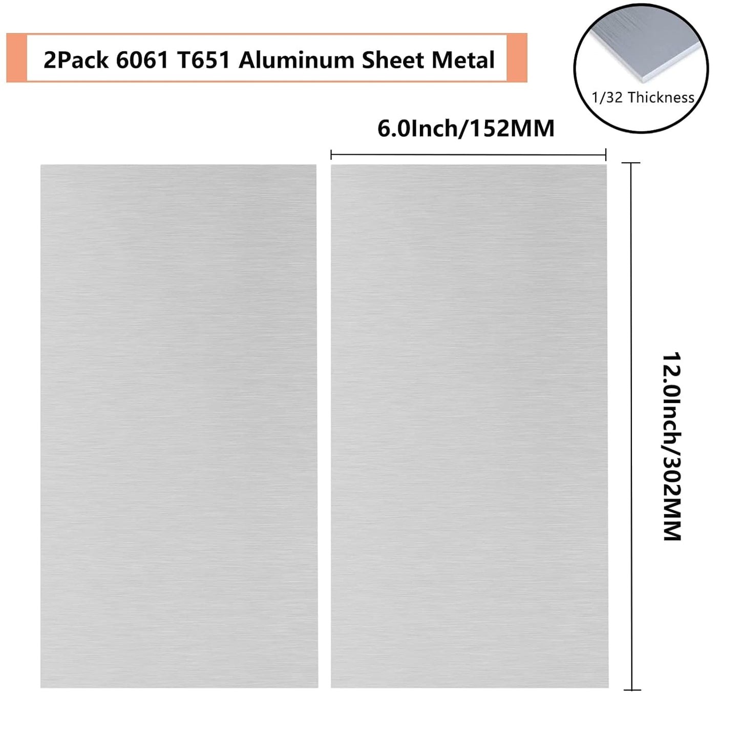 2Pack 6061 T651 Aluminum Sheet Metal 6 x 12 x 1/32(0.0315”) Inch Flat Plain Aluminum Plate Covered with Protective Film, Heat Treatable Rectangle 0.8mm Aluminum Metal Plate for Crafting, Industrial