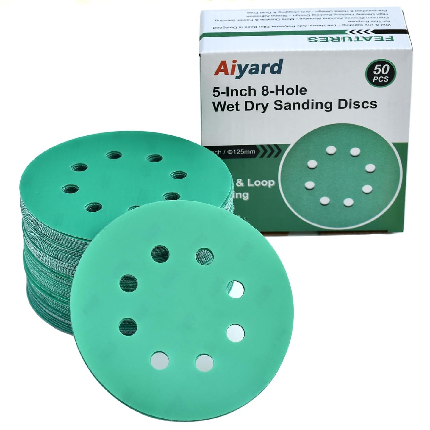 5-Inch 8-Hole Wet Dry Sanding Discs 1500 Grit, Polyester Film Backed Heavy-Duty Hook and Loop Sandpaper for Random Orbital Sander, 50-Pack